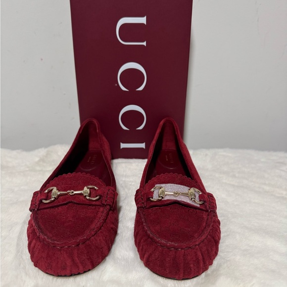Gucci Women's Burgundy Suede Horsebit Loafers - Picture 2 of 6